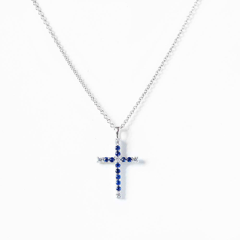 Cross Necklace with Blue Sapphire and Lab Diamonds