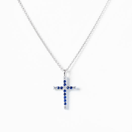 Cross Necklace with Blue Sapphire and Lab Diamonds