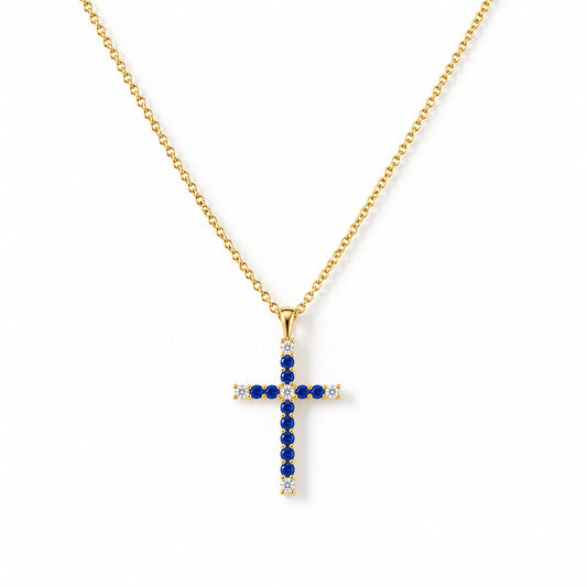 Cross Necklace with Blue Sapphire and Lab Diamonds