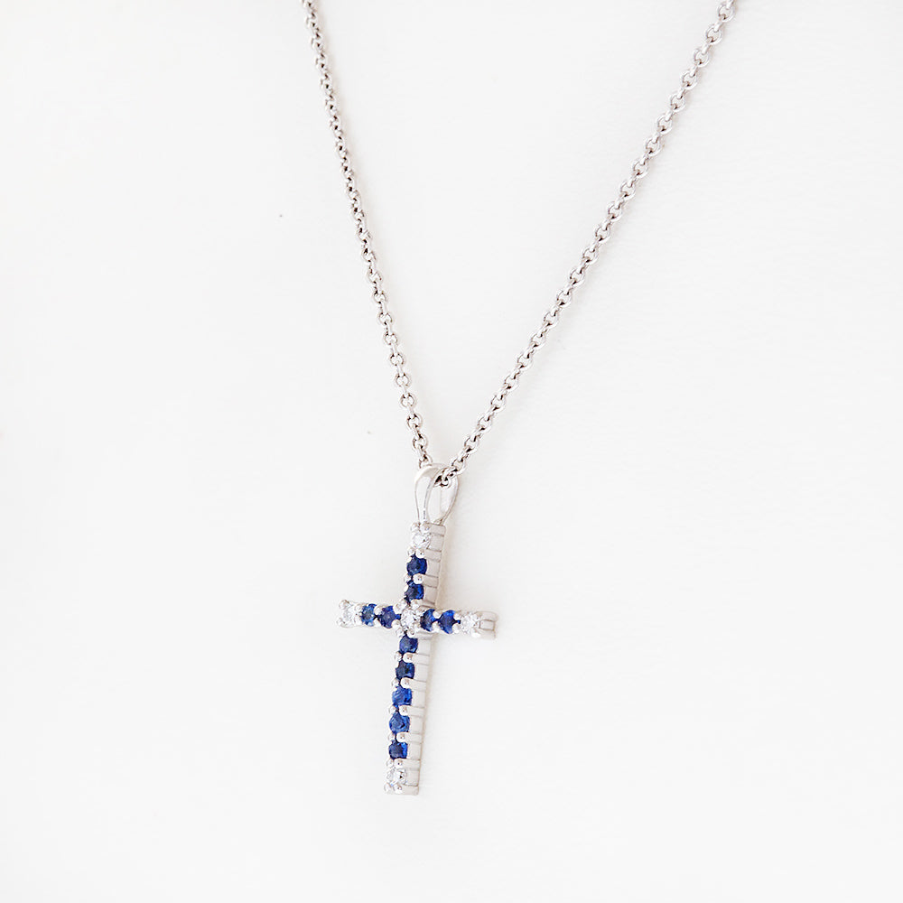 Cross Necklace with Blue Sapphire and Lab Diamonds