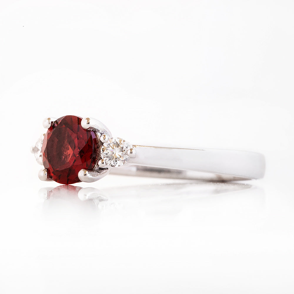 Lea, a Garnet and Lab Diamond Trilogy Ring