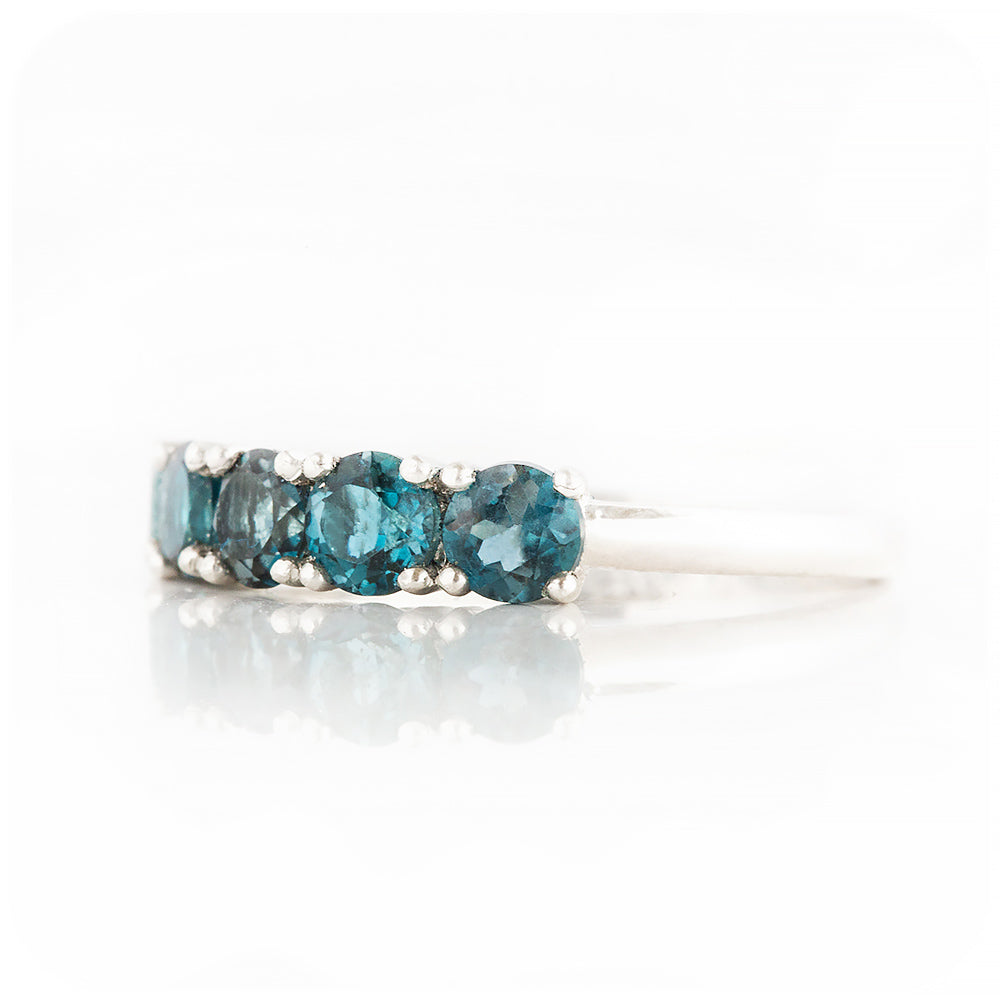 Round cut London Blue Topaz Half Eternity Ring in White Gold - Victoria's Jewellery