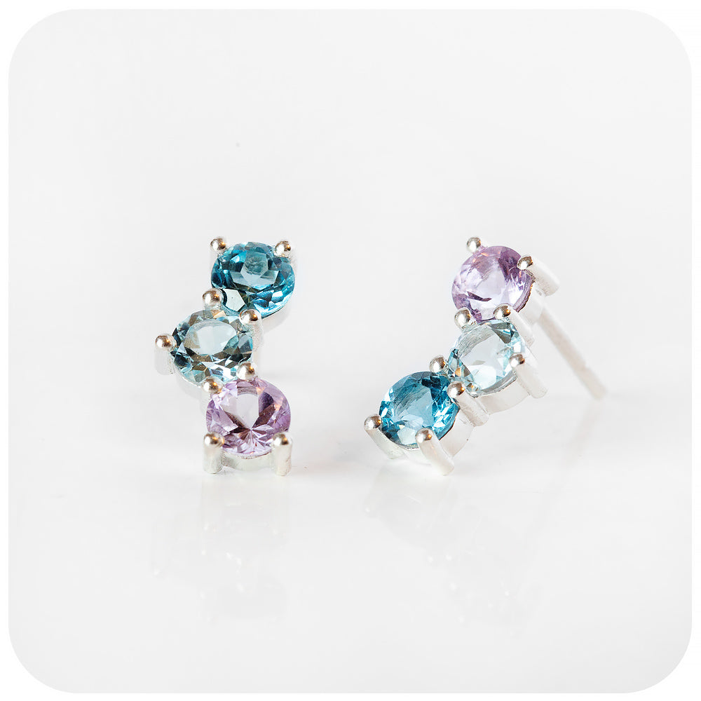 Blue Topaz and Pink Amethyst Rainbow Stud Earrings - Victoria's Jewellery