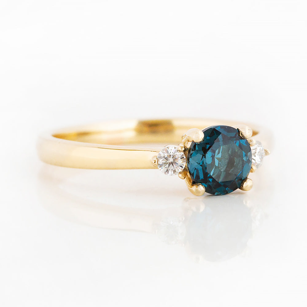 Round cut London Blue Topaz and Diamond Trilogy Engagement Ring in Yellow Gold - Victoria's Jewellery