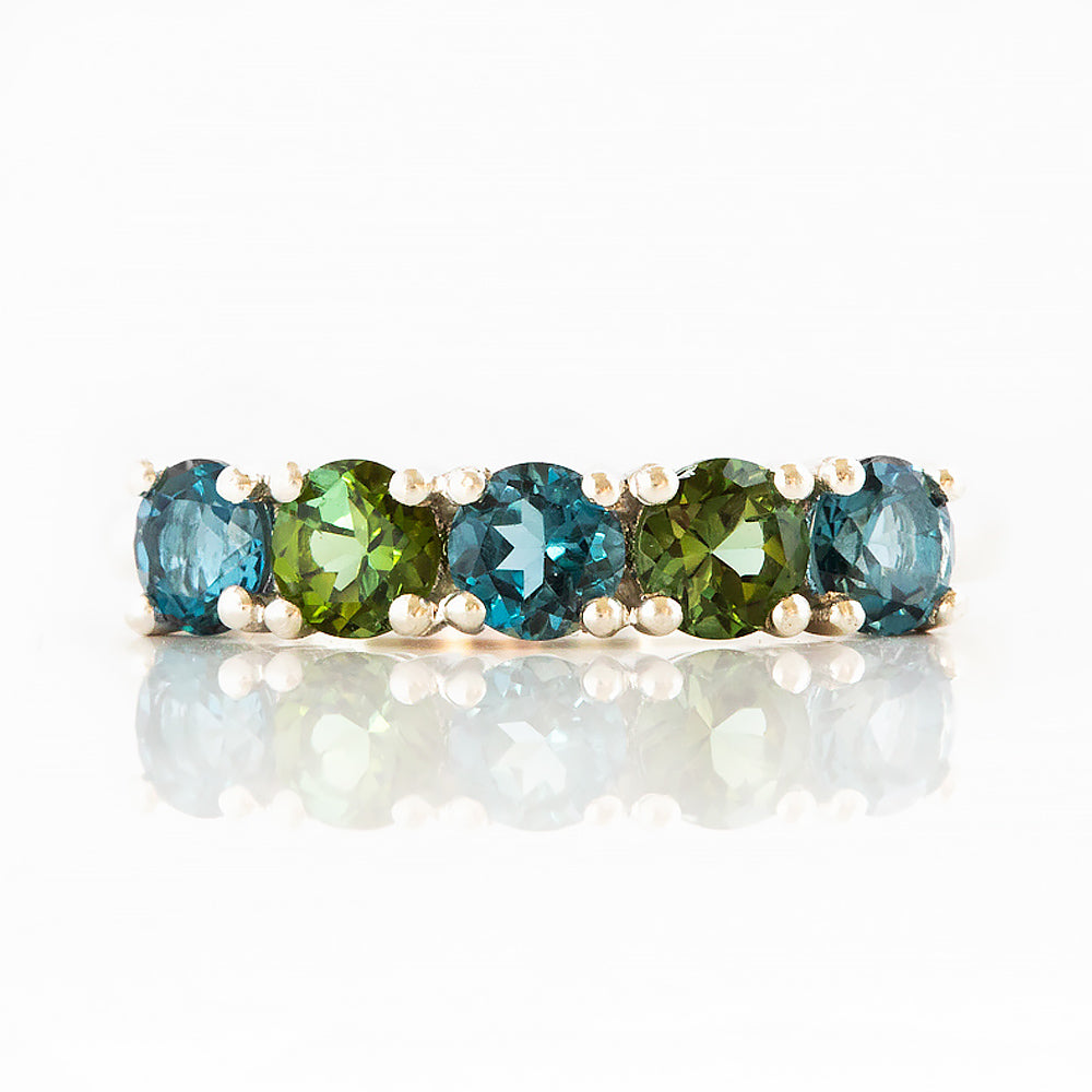 Round cut London Topaz and Green Tourmaline Half Eternity Ring - Victoria's Jewellery