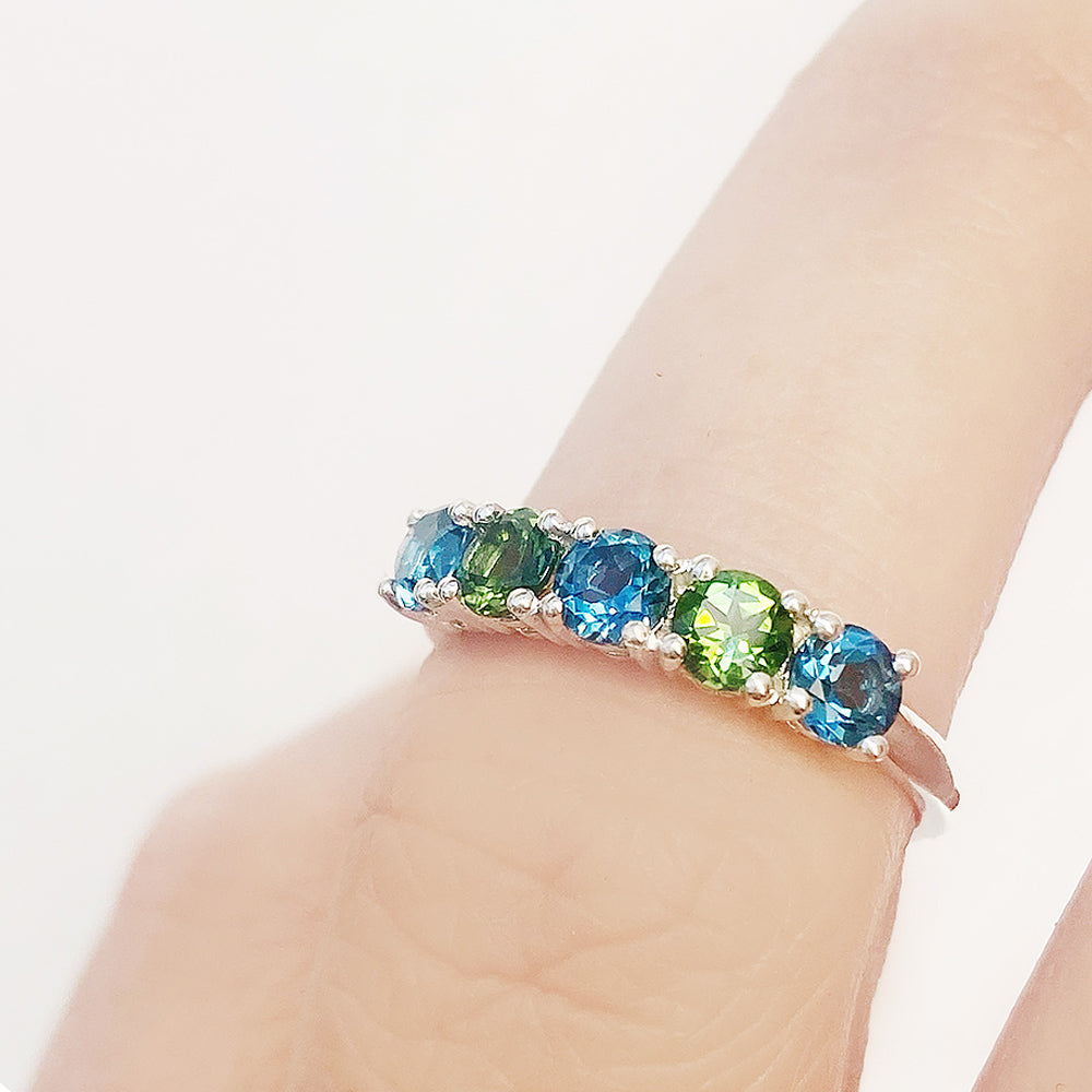 Round cut London Topaz and Green Tourmaline Half Eternity Ring - Victoria's Jewellery