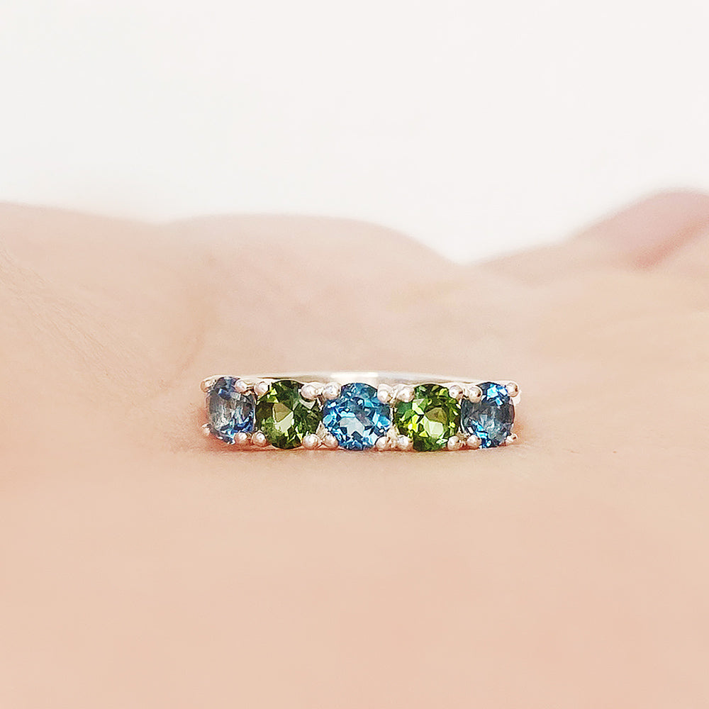 Round cut London Topaz and Green Tourmaline Half Eternity Ring - Victoria's Jewellery