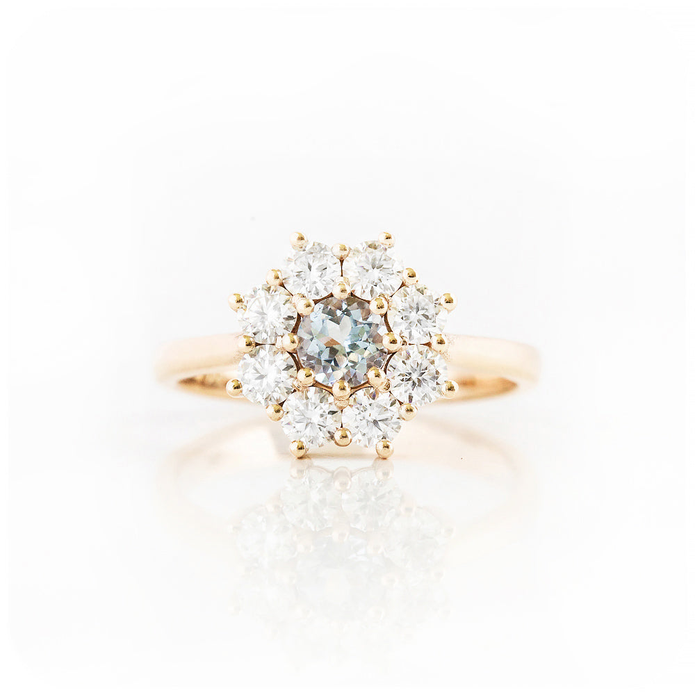 Fleur, a Moissanite and Topaz Flower Cluster Ring