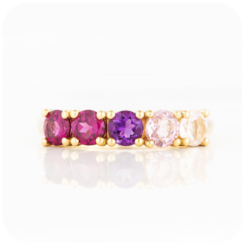 Round cut Pink Rainbow Half Eternity Ring in Yellow Gold - Victoria's Jewellery