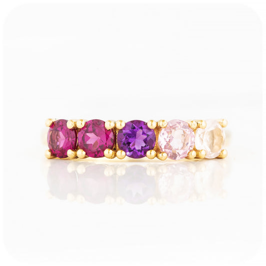 Round cut Pink Rainbow Half Eternity Ring in Yellow Gold - Victoria's Jewellery