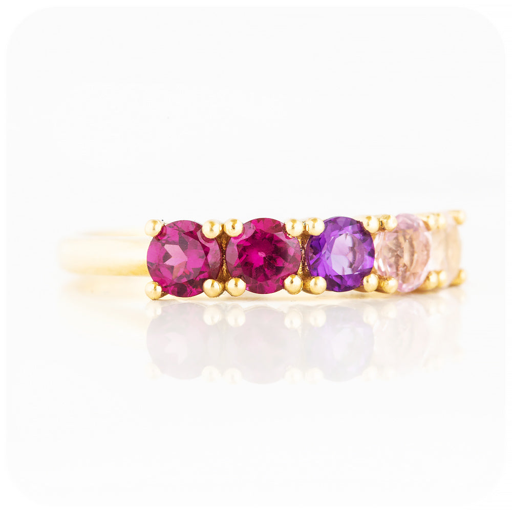 Round cut Pink Rainbow Half Eternity Ring in Yellow Gold - Victoria's Jewellery