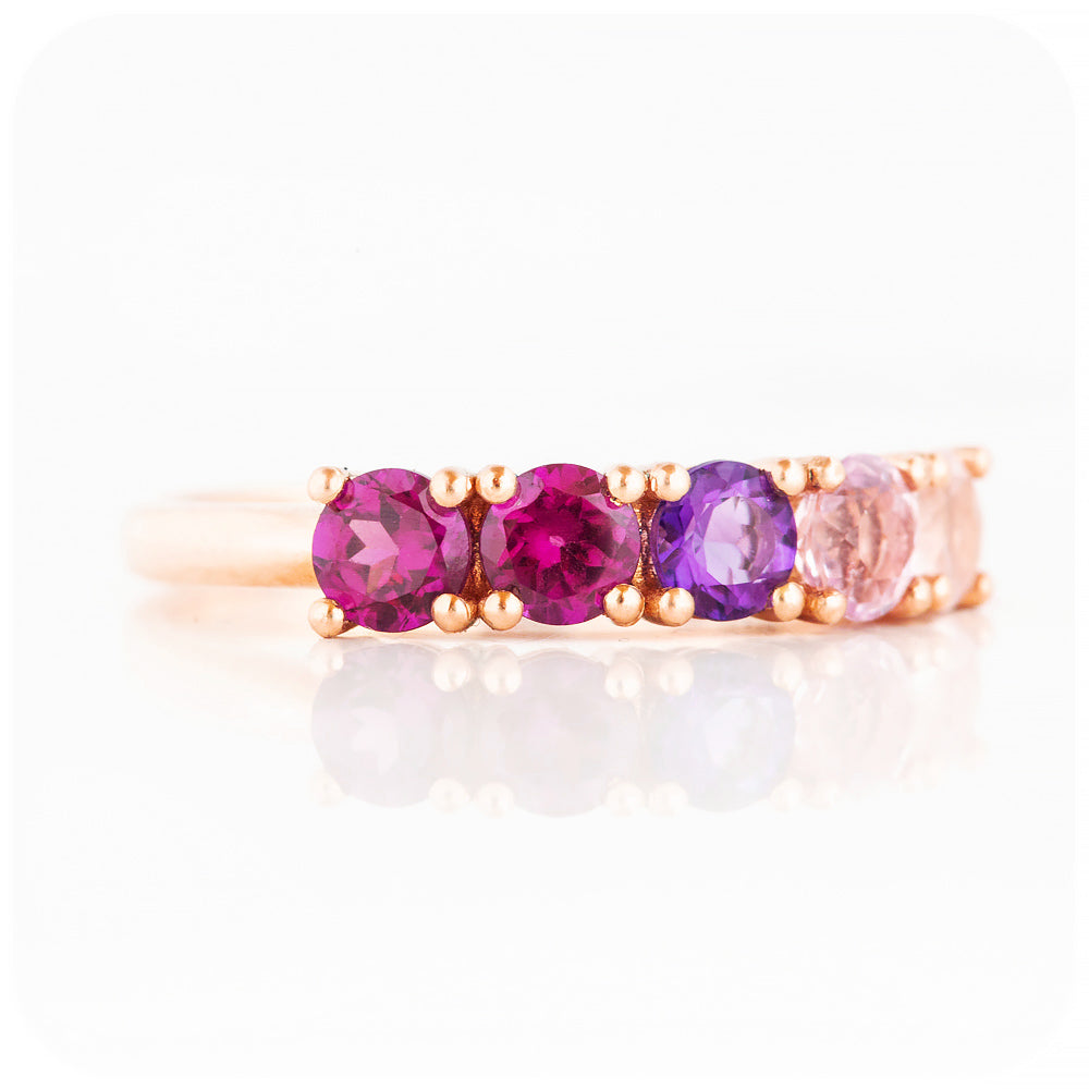 Round cut Pink Rainbow Half Eternity Ring in Rose Gold - Victoria's Jewellery