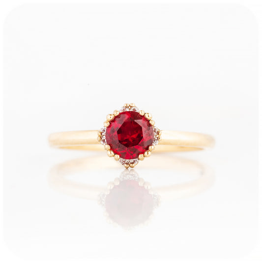 Round cut Ruby and Diamond Solitaire Engagement Ring - Victoria's Jewellery