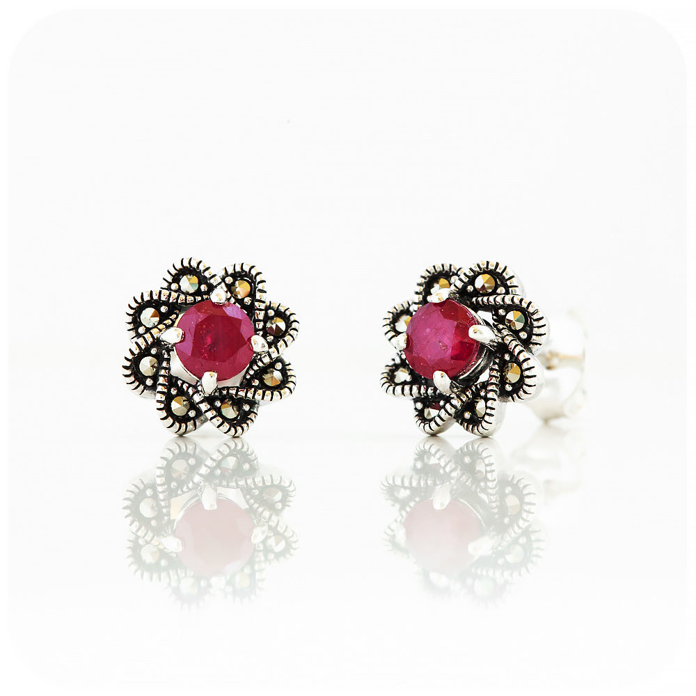 round cut ruby stud earrings in a vintage flower design