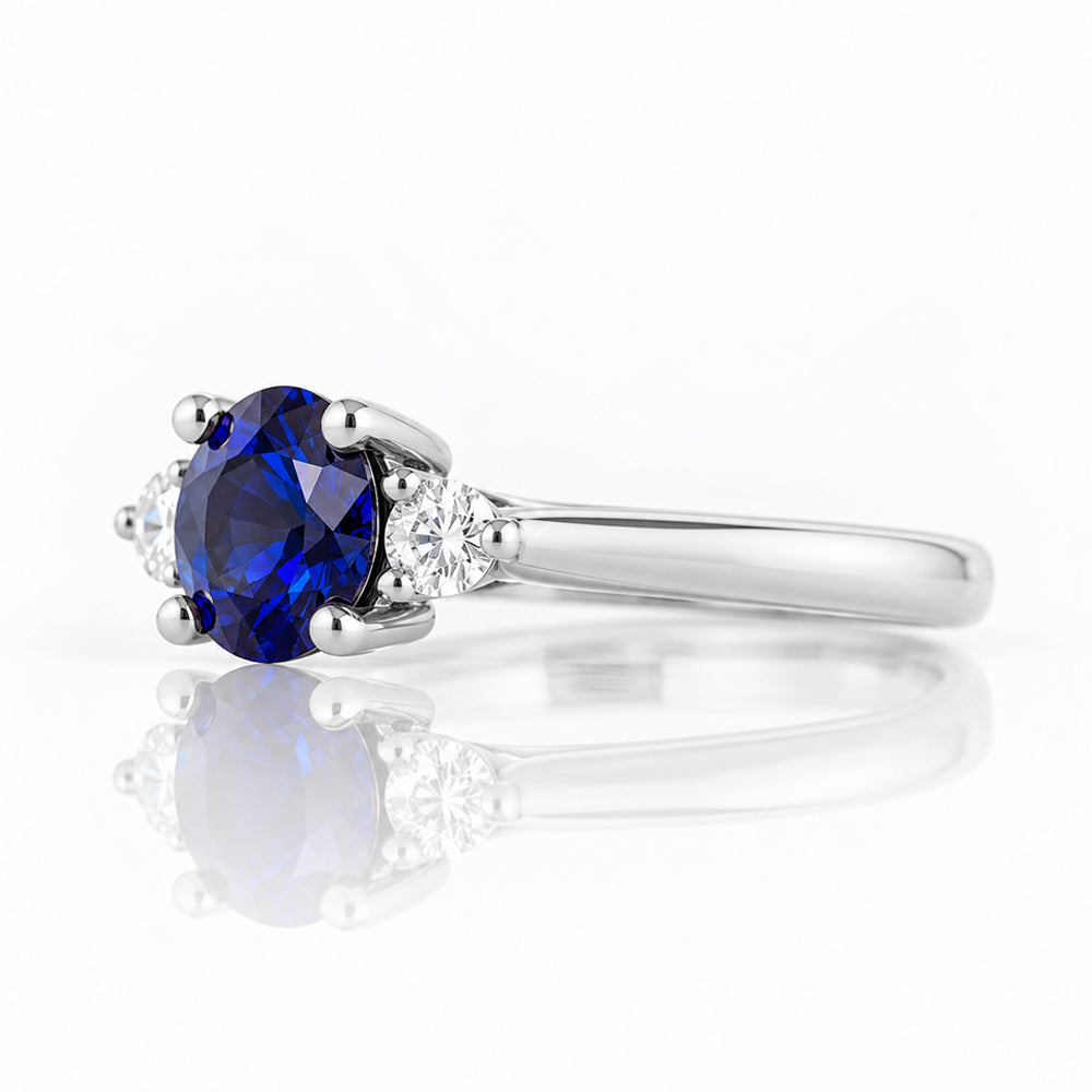 Lea, a Lab Sapphire and Diamond Trilogy Ring - Victoria's Jewellery