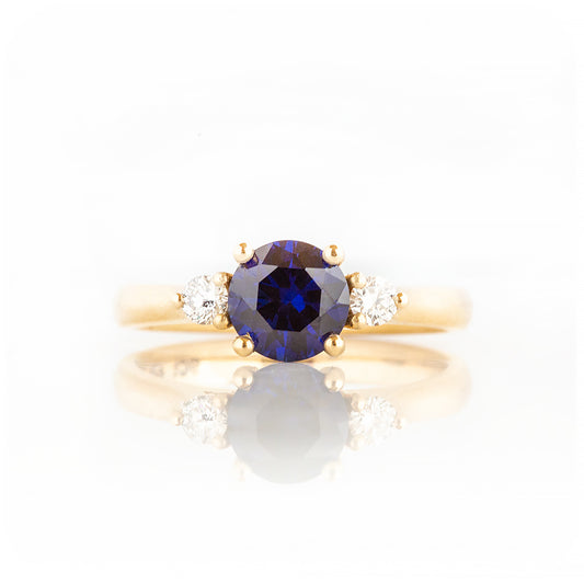 Round cut Lab Sapphire and Diamond Trilogy Engagement Ring in Yellow Gold - Victoria's Jewellery