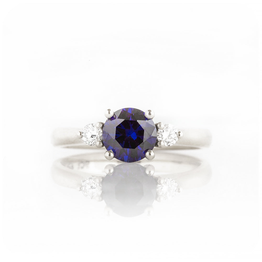 Round cut Lab Sapphire and Diamond Trilogy Engagement Ring in White Gold - Victoria's Jewellery