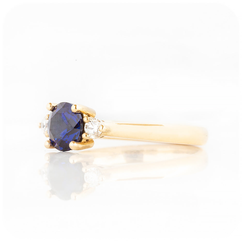 Round cut Lab Sapphire and Diamond Trilogy Engagement Ring in Yellow Gold - Victoria's Jewellery