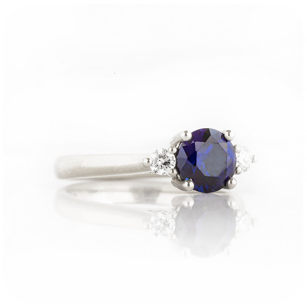 Round cut Lab Sapphire and Diamond Trilogy Engagement Ring in White Gold - Victoria's Jewellery