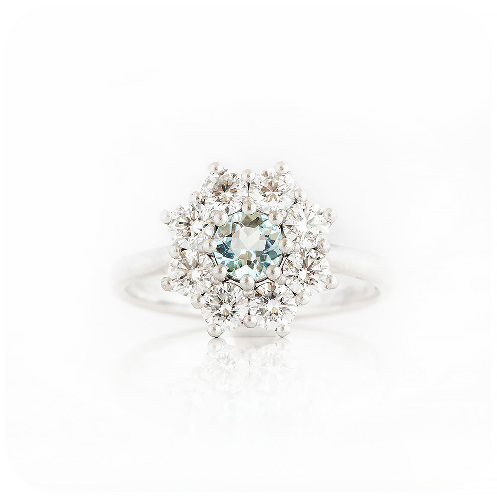 Fleur, a Moissanite and Topaz Flower Cluster Ring