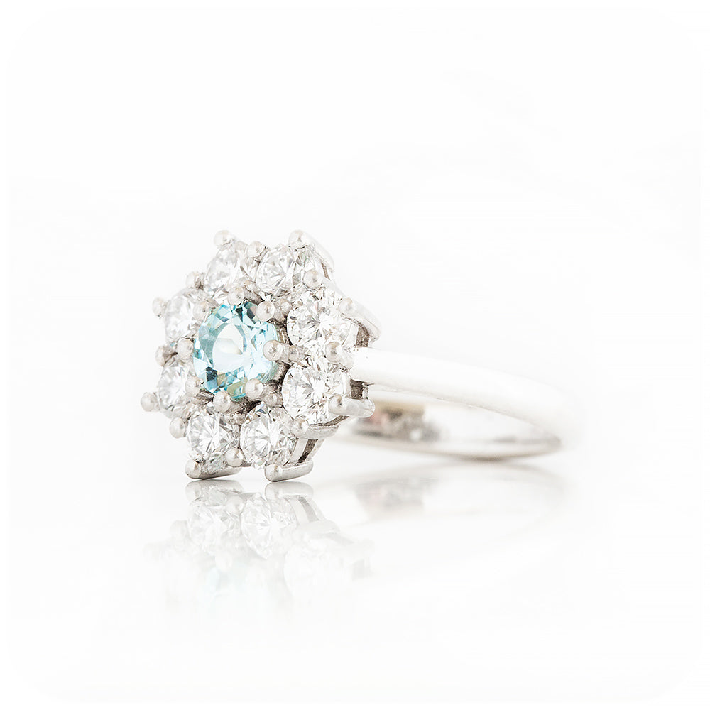 Fleur, a Moissanite and Topaz Flower Cluster Ring