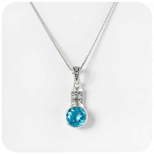 Round cut Swiss Blue Topaz and Marcasite Pendant
