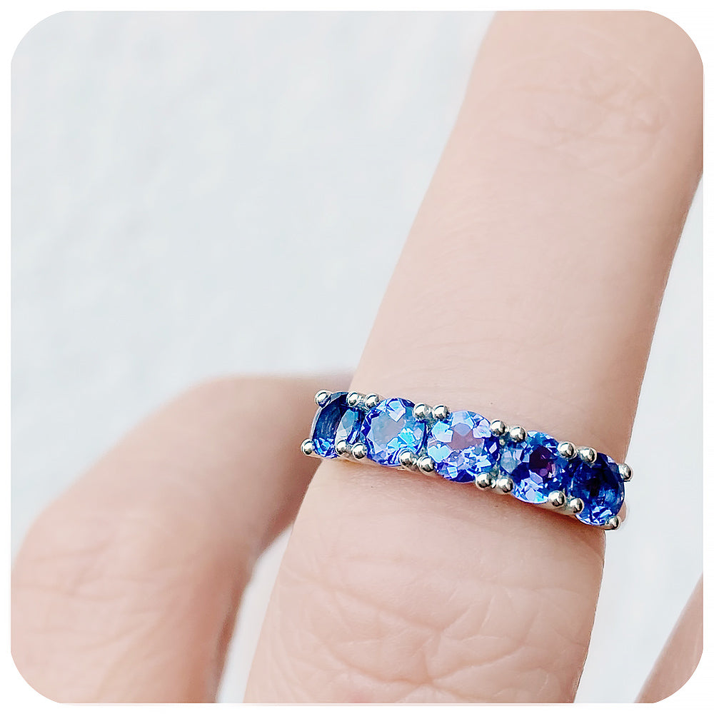 Brilliant Round cut Tanzanite Half Eternity Anniversary December Birthstone Ring - Victoria's Jewellery