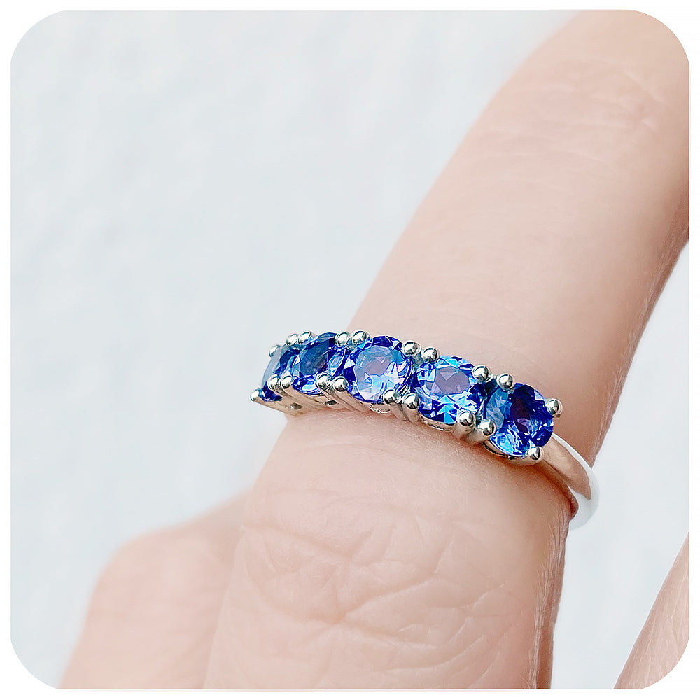 Brilliant Round cut Tanzanite Half Eternity Anniversary December Birthstone Ring - Victoria's Jewellery