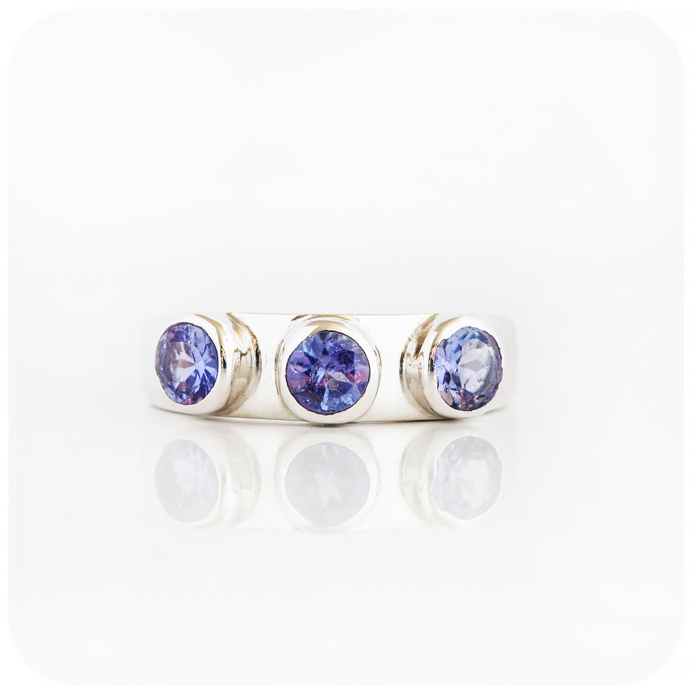 Round cut Tanzanite Trilogy Ring in Silver - Victoria's Jewellery