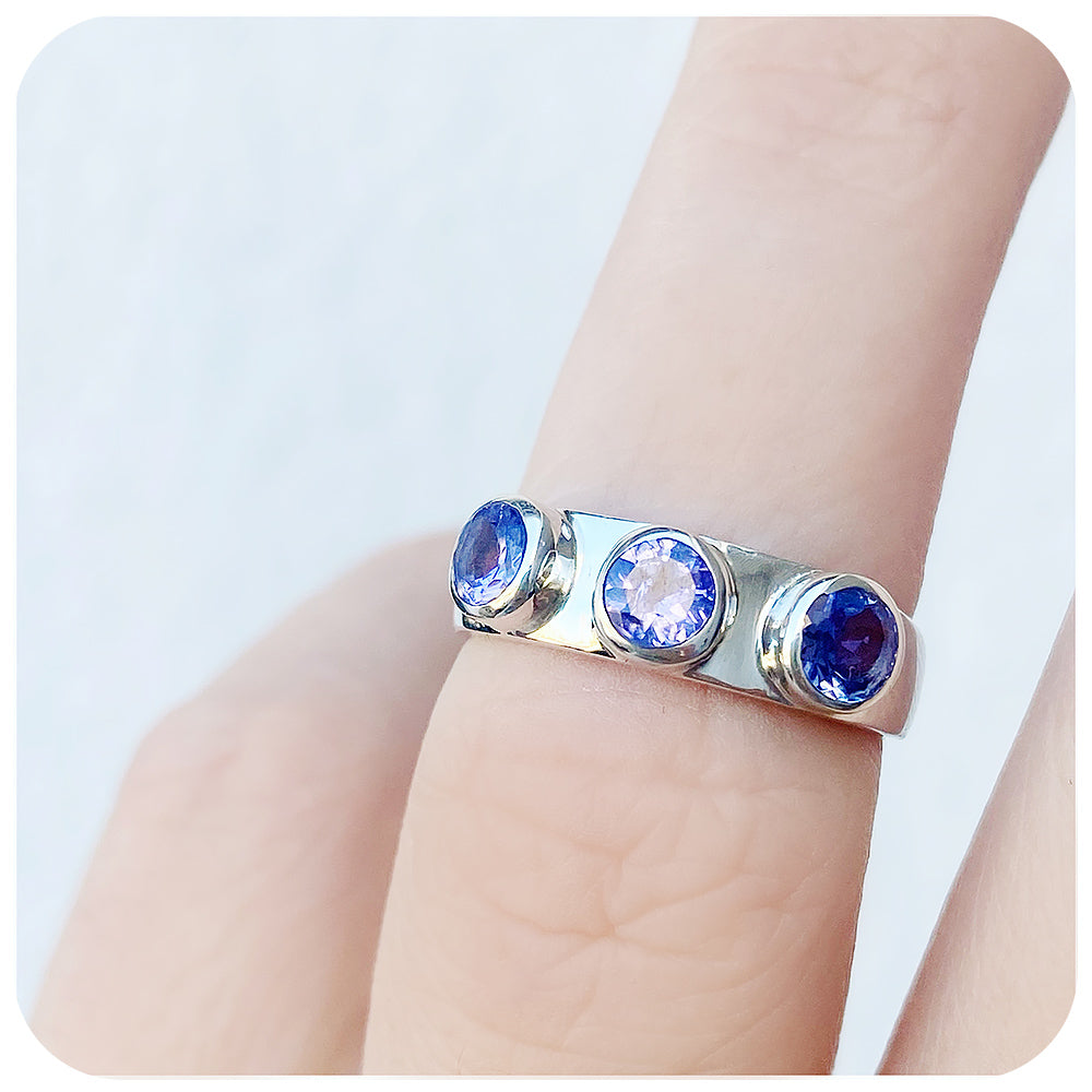 Round cut Tanzanite Trilogy Ring in Silver - Victoria's Jewellery