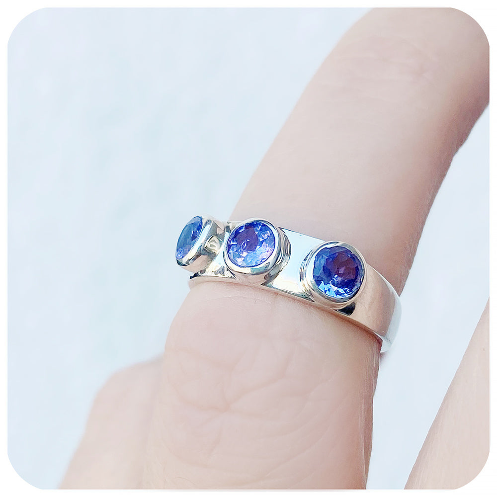 Round cut Tanzanite Trilogy Ring in Silver - Victoria's Jewellery