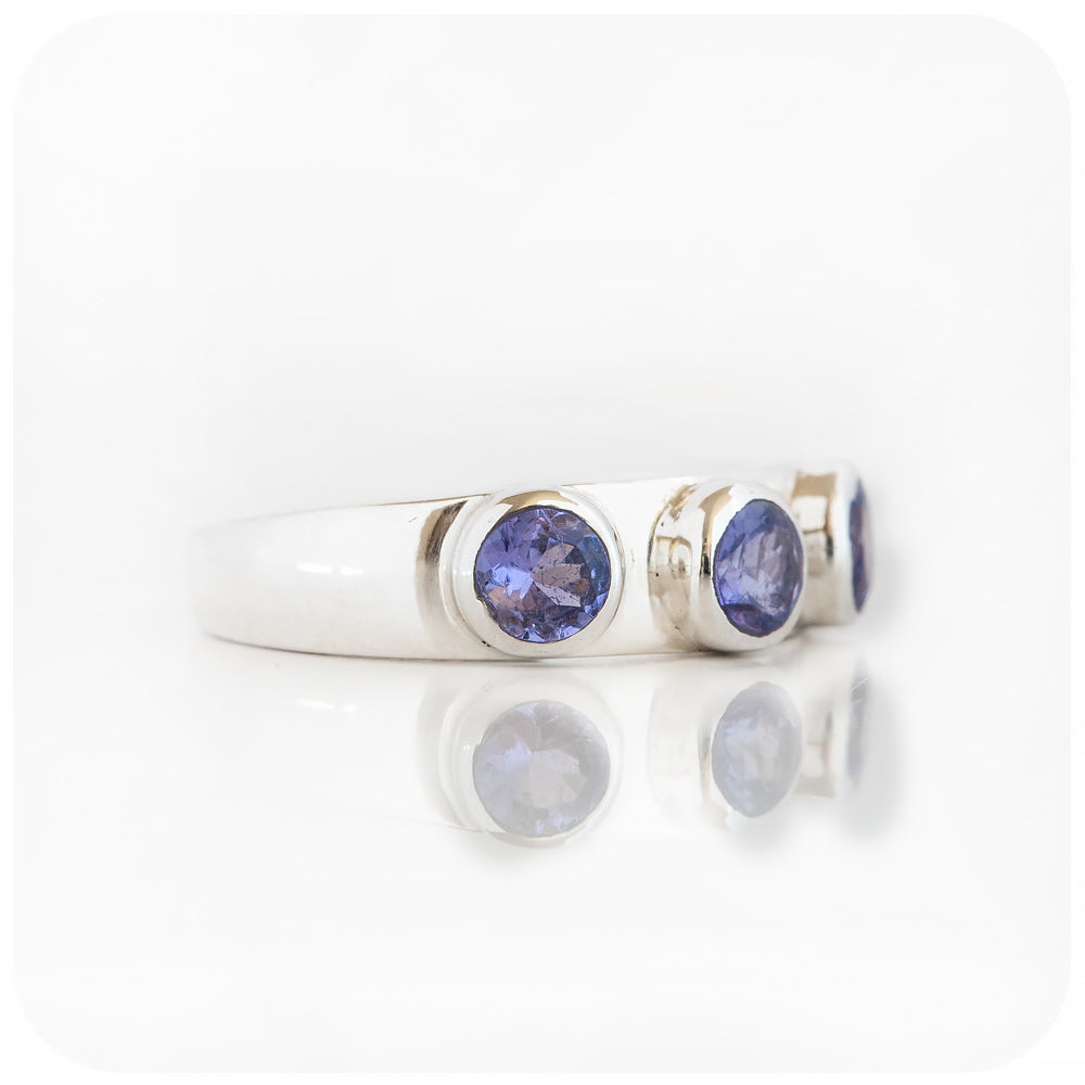 Round cut Tanzanite Trilogy Ring in Silver - Victoria's Jewellery