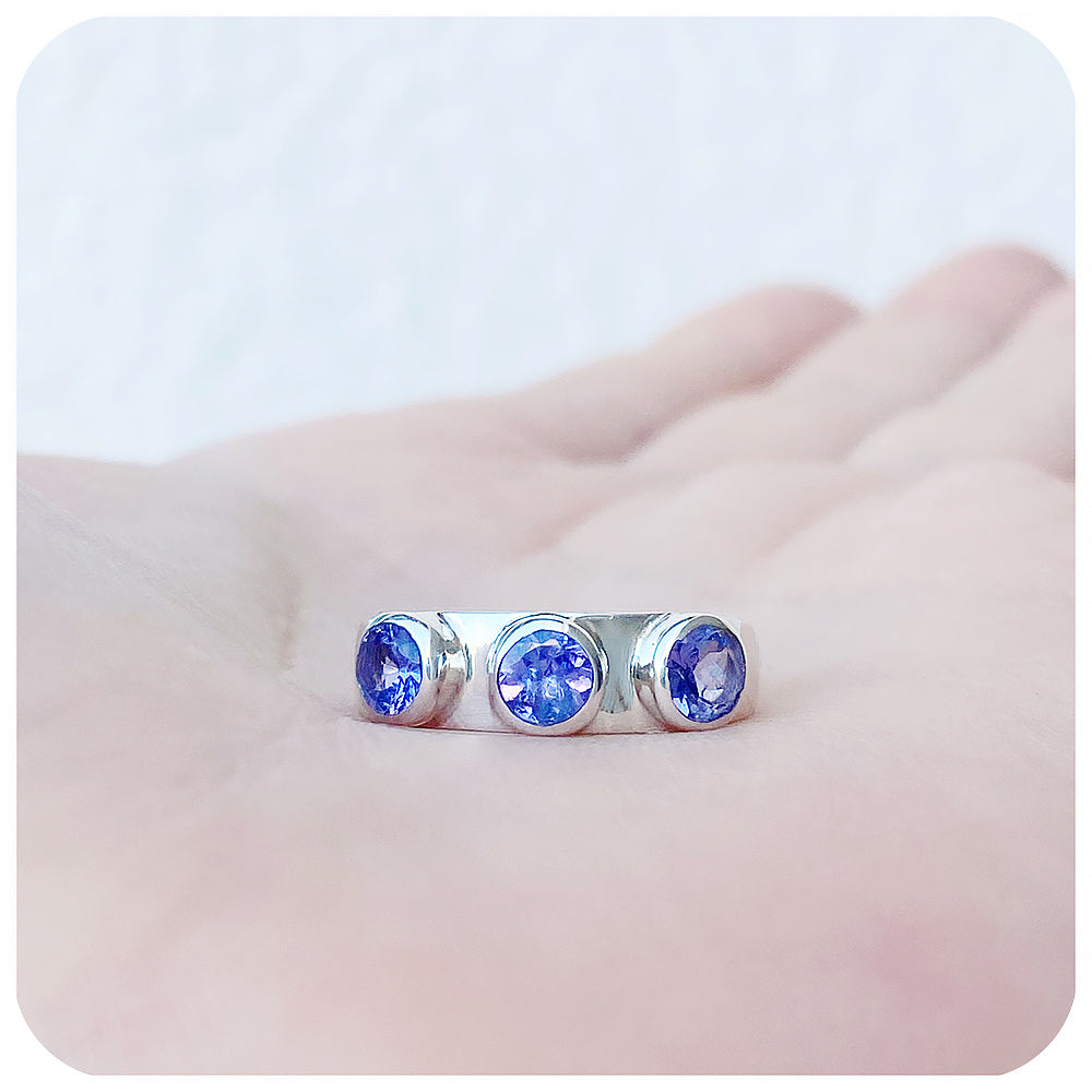 Round cut Tanzanite Trilogy Ring in Silver - Victoria's Jewellery