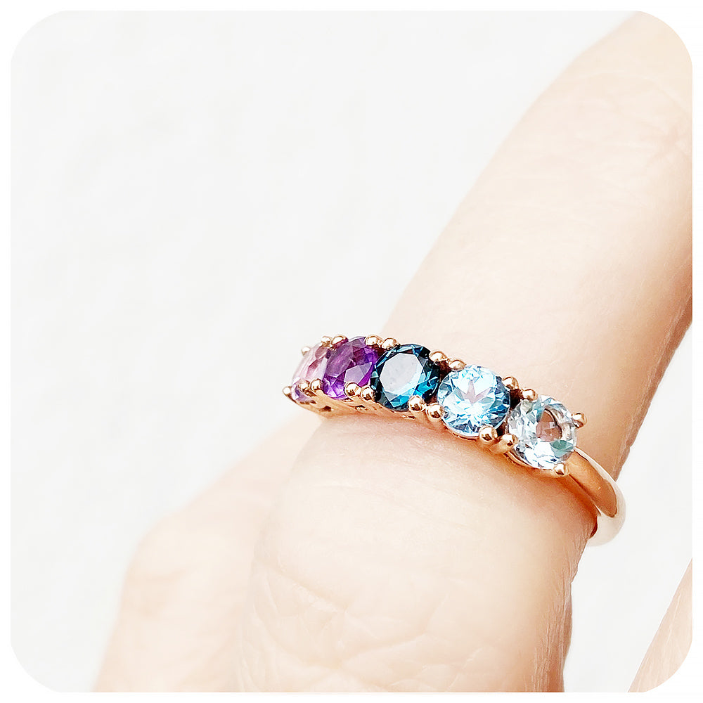 Topaz and Amethyst Rainbow half eternity anniversary ring - Victoria's Jewellery