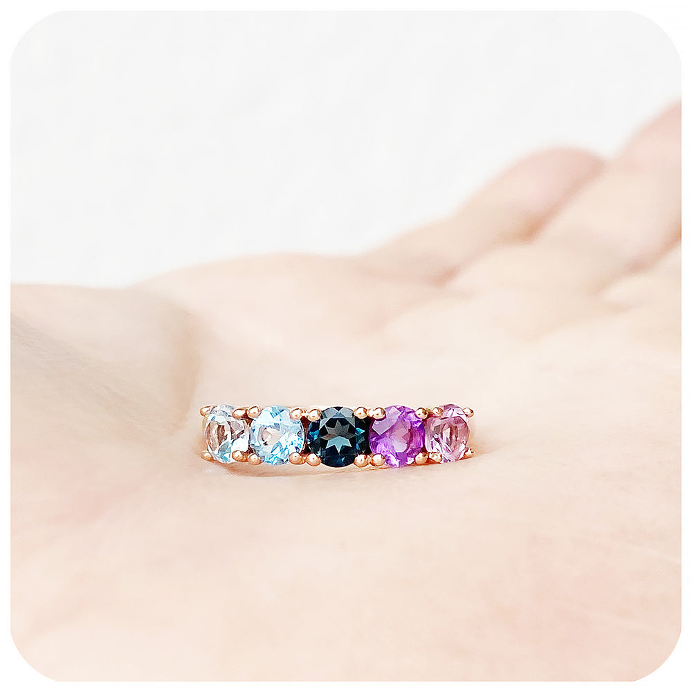 Topaz and Amethyst Rainbow half eternity anniversary ring - Victoria's Jewellery