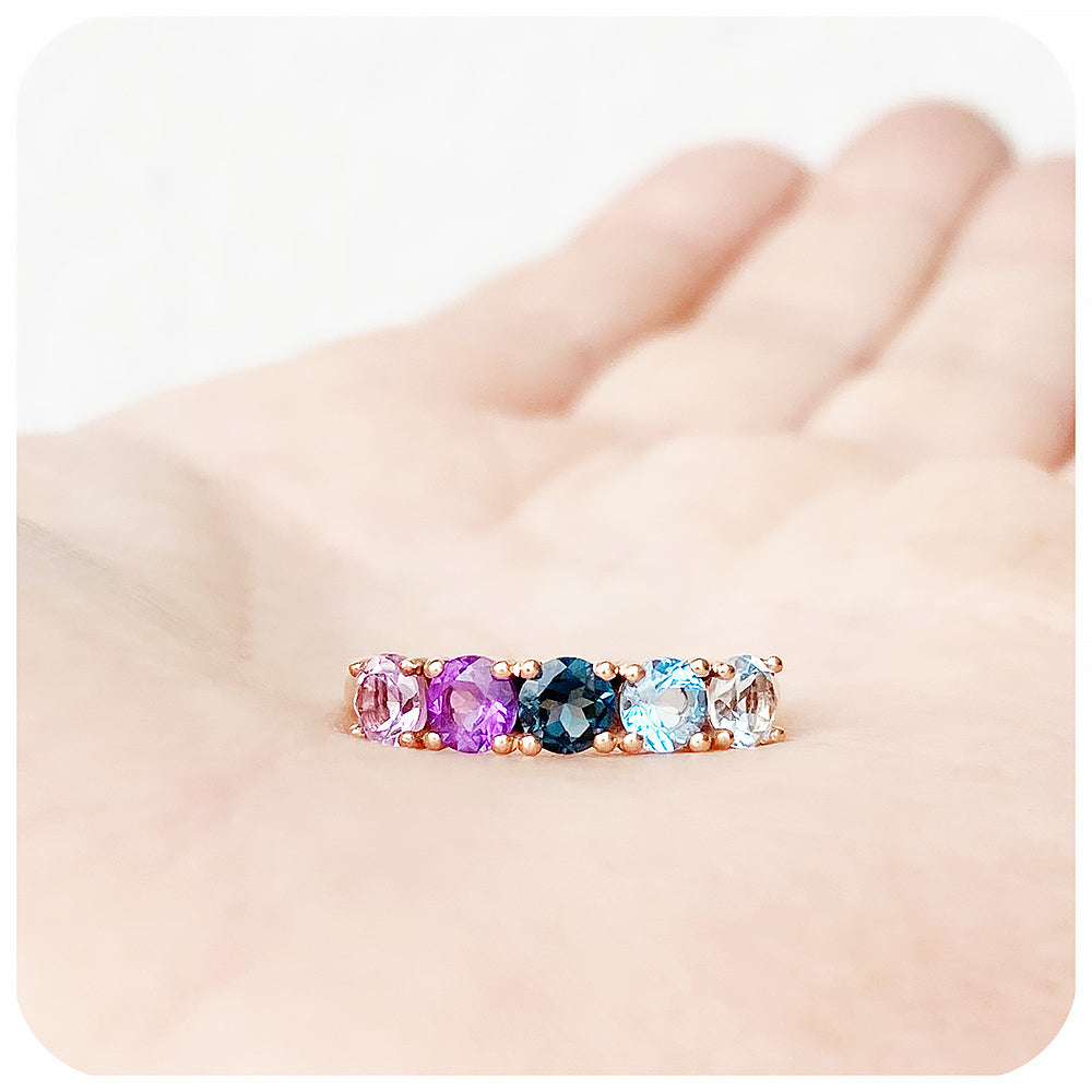 Topaz and Amethyst Rainbow half eternity anniversary ring - Victoria's Jewellery