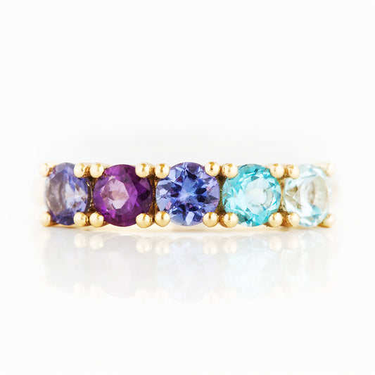 Round cut Iolite, Amethyst Tanzanite and Topaz half eternity Anniversary ring in Yellow Gold - Victoria's Jewellery