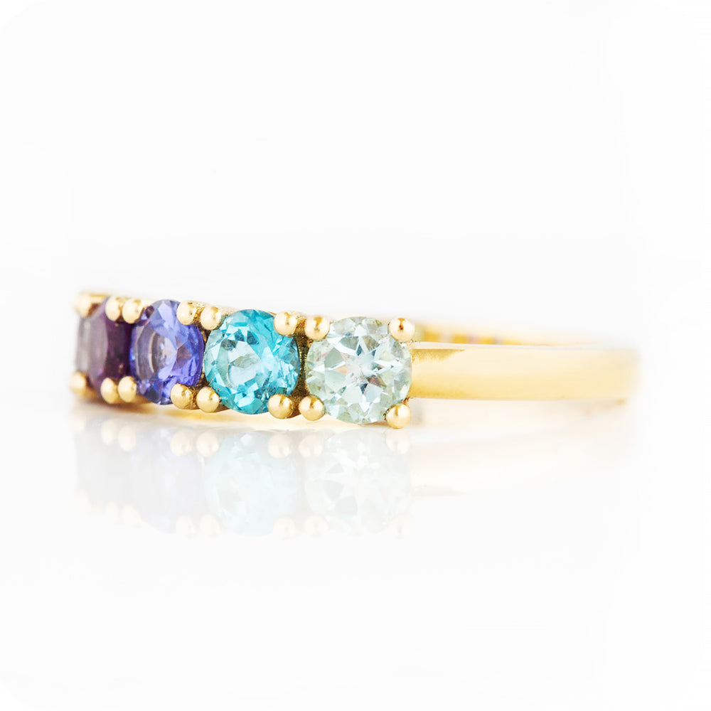 Round cut Iolite, Amethyst Tanzanite and Topaz half eternity Anniversary ring in Yellow Gold - Victoria's Jewellery