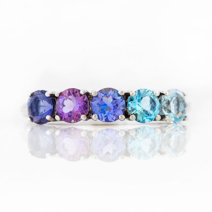 Round cut Iolite, Amethyst Tanzanite and Topaz half eternity Anniversary ring in White Gold - Victoria's Jewellery
