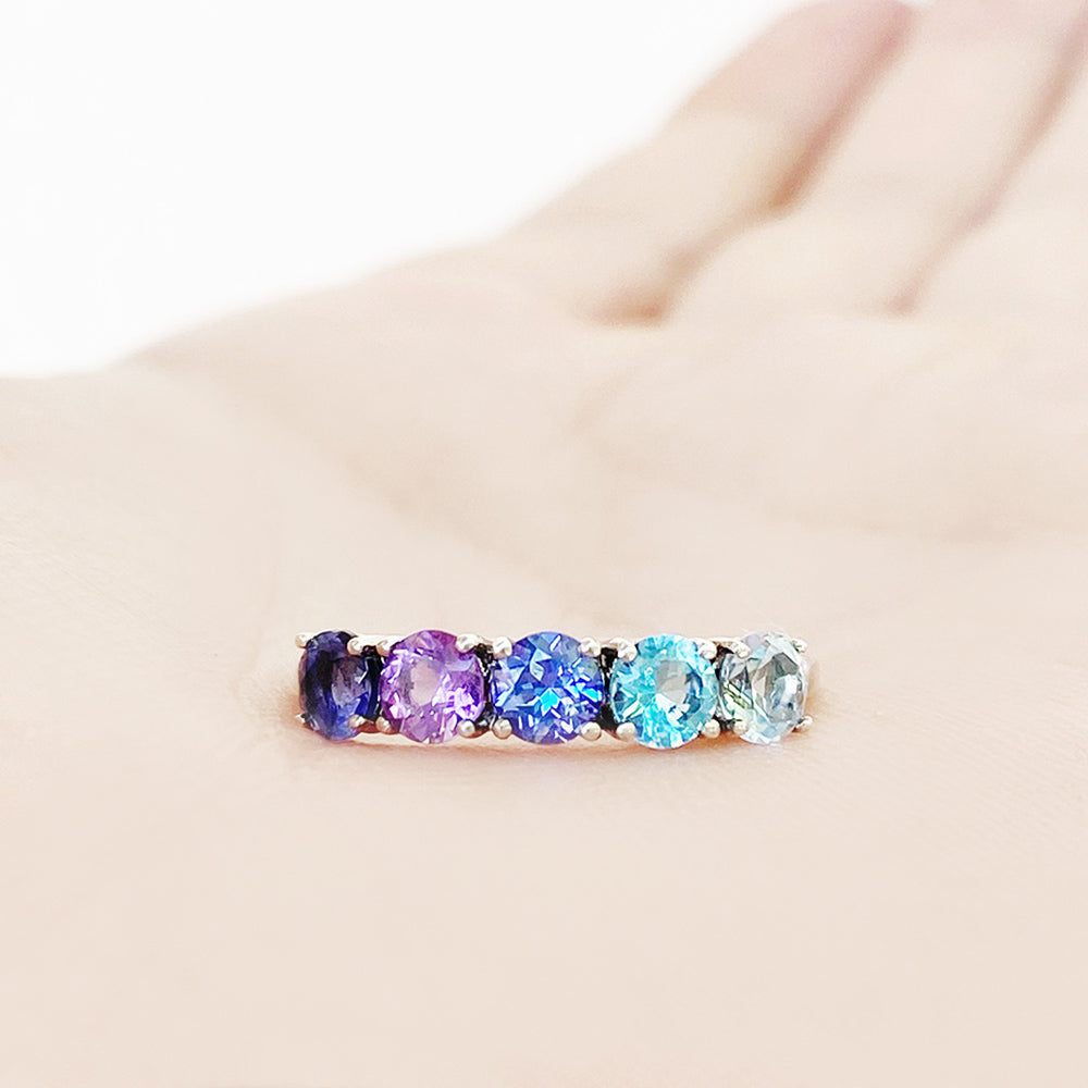 Round cut Iolite, Amethyst Tanzanite and Topaz half eternity Anniversary ring in White Gold - Victoria's Jewellery
