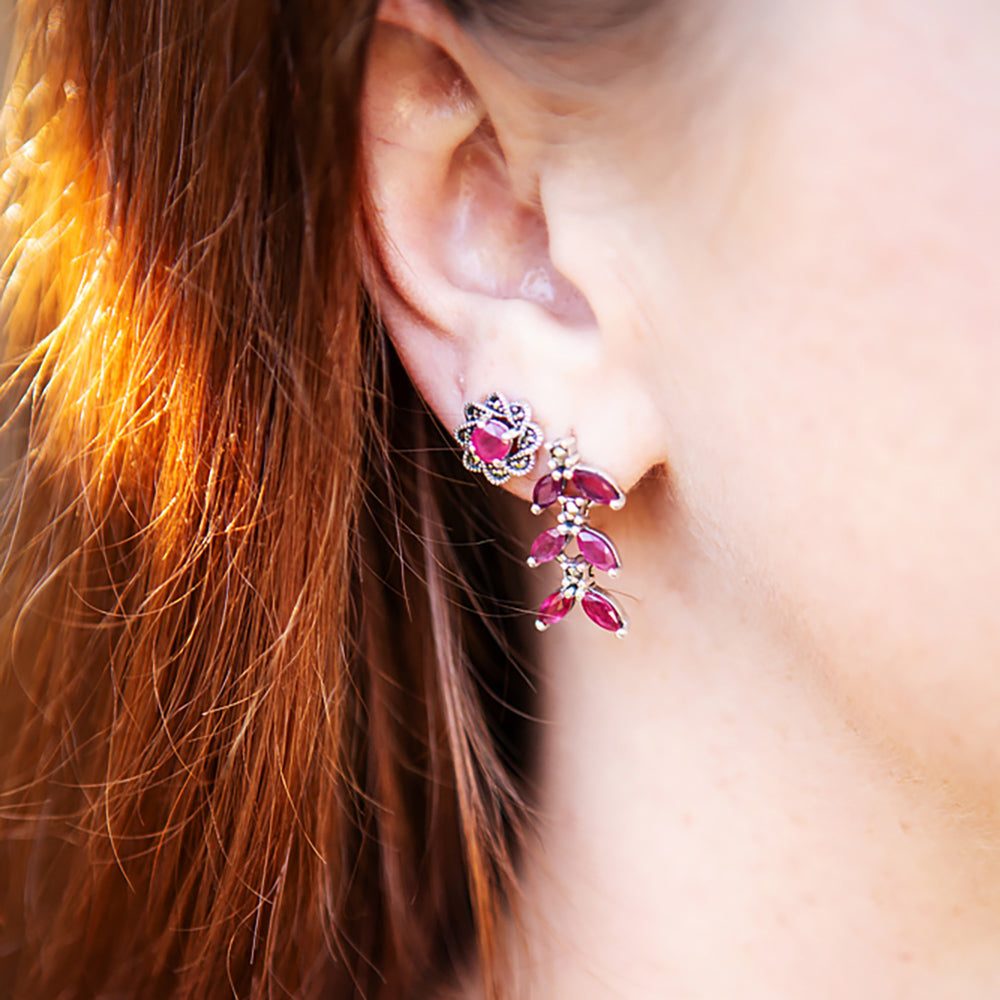 Round cut Ruby and Marcasite Flower Stud Earrings