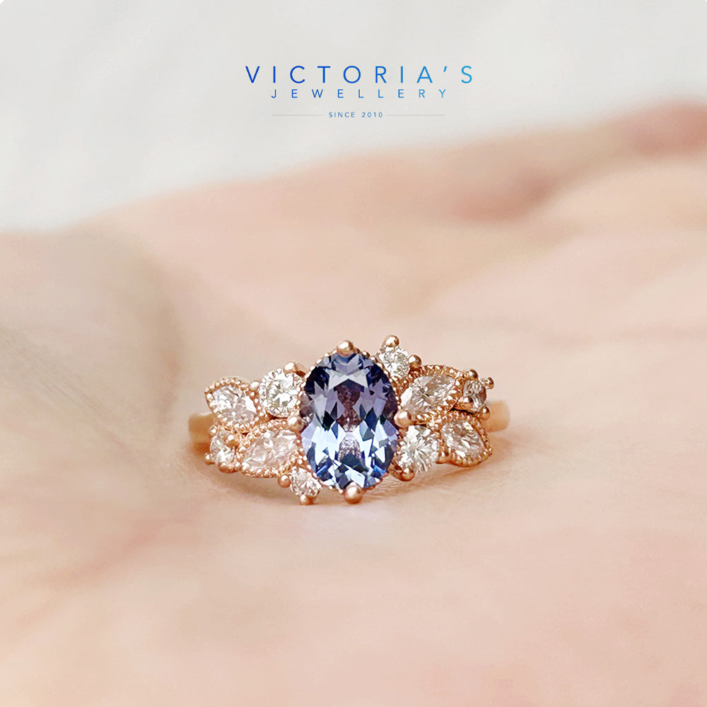 Blue Sapphire and White Diamond cluster engagement ring - September birthstone - Victoria's Jewellery