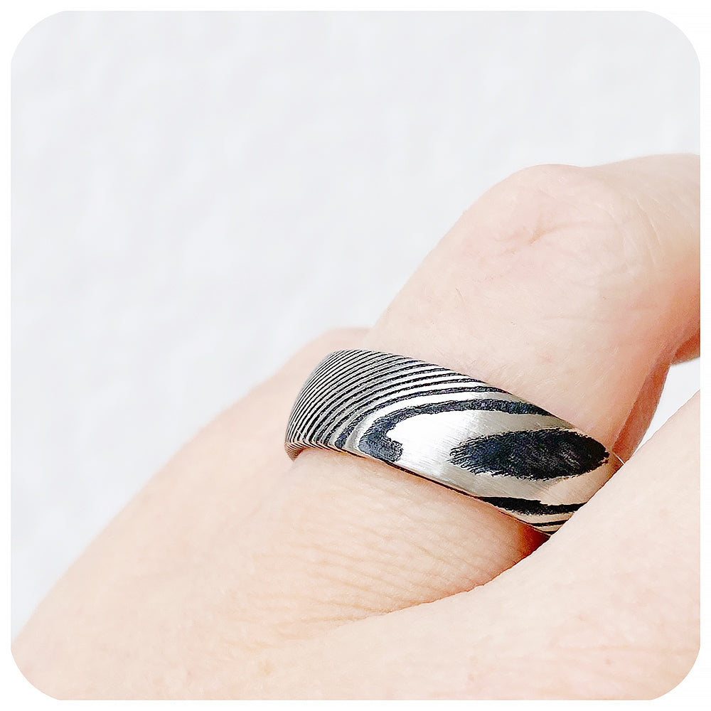 Silver and Black Damascus Tungsten Mens Wedding Ring - Victoria's Jewellery