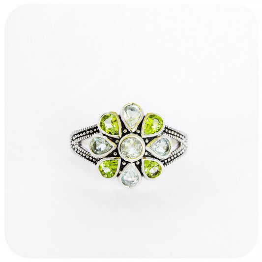 peridot and topaz flower design ring in silver