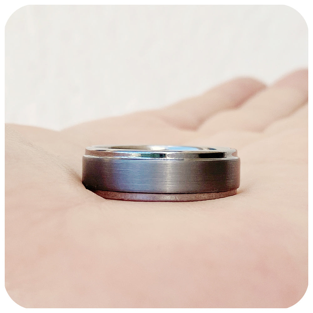 Silver brushed tungsten mens wedding ring with a beveled edge - Victoria's Jewellery