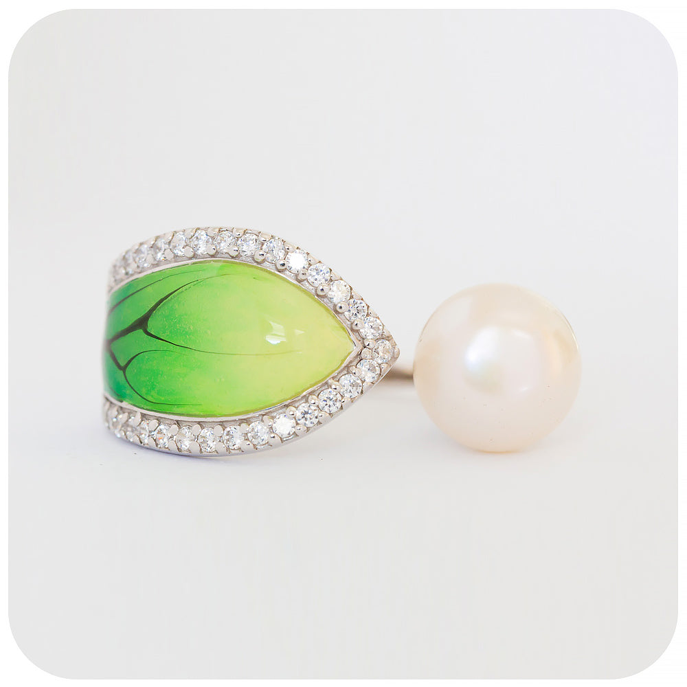 Fresh Water Pearl and Green Enamel Leaf Ring in Sterling Silver