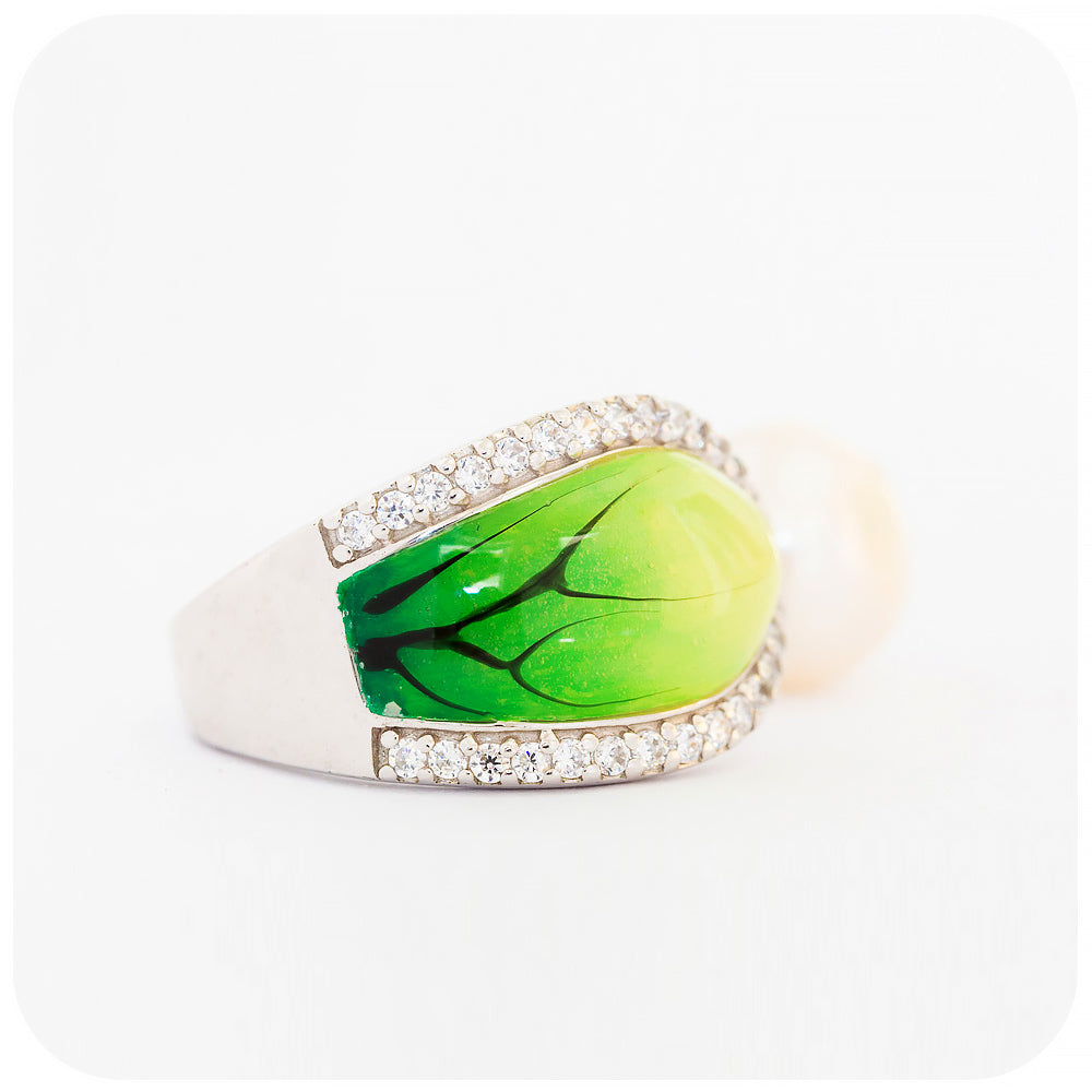 Fresh Water Pearl and Green Enamel Leaf Ring in Sterling Silver