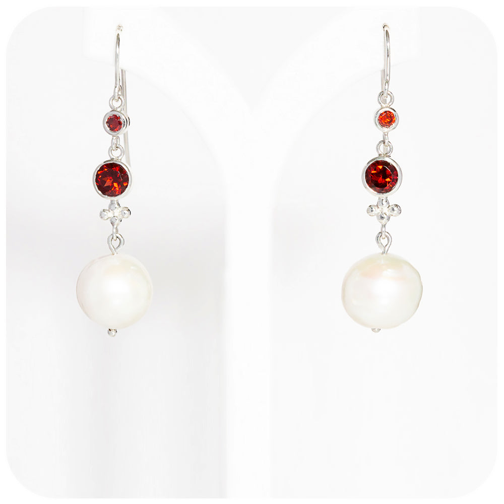 round cut red garnet january birthstone and fresh water pearl drop earrings in sterling silver