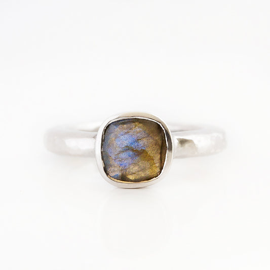Cushion cut Labradorite Ring in Sterling Silver with a Hammered Band - Victoria's Jewellery