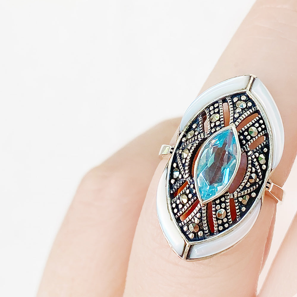 Blue Topaz and Mother of Pearl Shield Ring - Victoria's Jewellery
